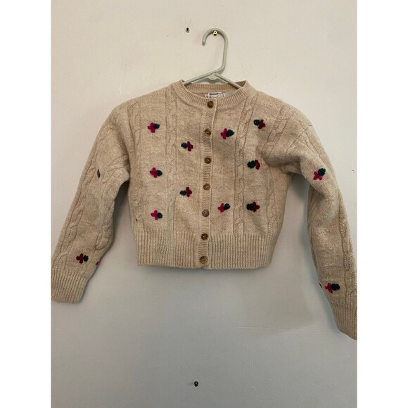 Moods By Krizia Women Wool Cropped Cardigan Sweater Embroidered Flower Cream M - Picture 1 of 11